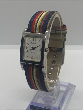 SEVIL Rectangular Quartz Watch with Multicolor Stripe Strap